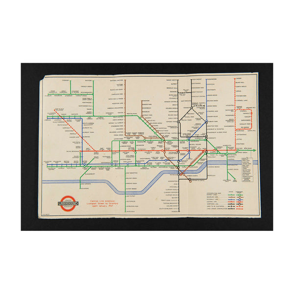 Underground pocket map, printed on thin card, No.1 1946.

Classic version of the iconic Tube map with printed HC Beck attribution. Reverse printed with map showing Connections With Main Line Termini.