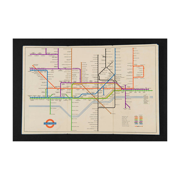 Original London Transport folding Underground pocket map, printed on thin card, January 1950.

Classic version of the iconic Tube map with printed HC Beck attribution. Reverse printed with map showing Connections With Main Line Termini. Main map shows proposed extensions to Alexandra Palace (Northern Line), Ongar (Central Line) and Camberwell (Bakerloo Line). Also shows proposed link between Finsbury Park and Highgate (Northern Line).
