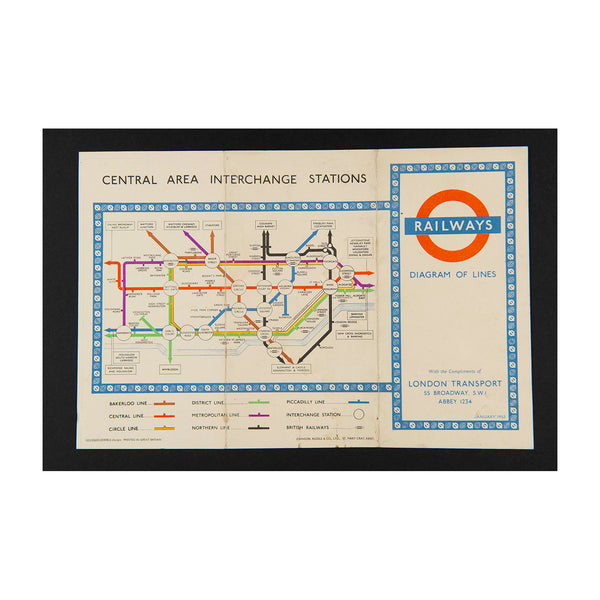 Original London Transport folding Underground pocket map, printed on thin card, January 1953.

Classic version of the iconic Tube map with printed HC Beck attribution. Reverse printed with map showing Central Area Interchange Stations.