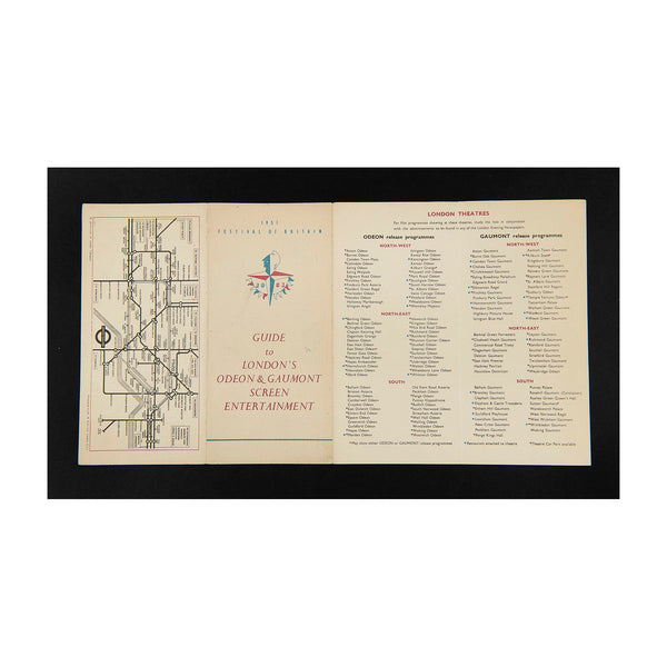 Rare, original, folding pocket map, printed on thin card, & Guide to London's Odeon &amp; Gaumont Screen Entertainment. Festival of Britain, 1951