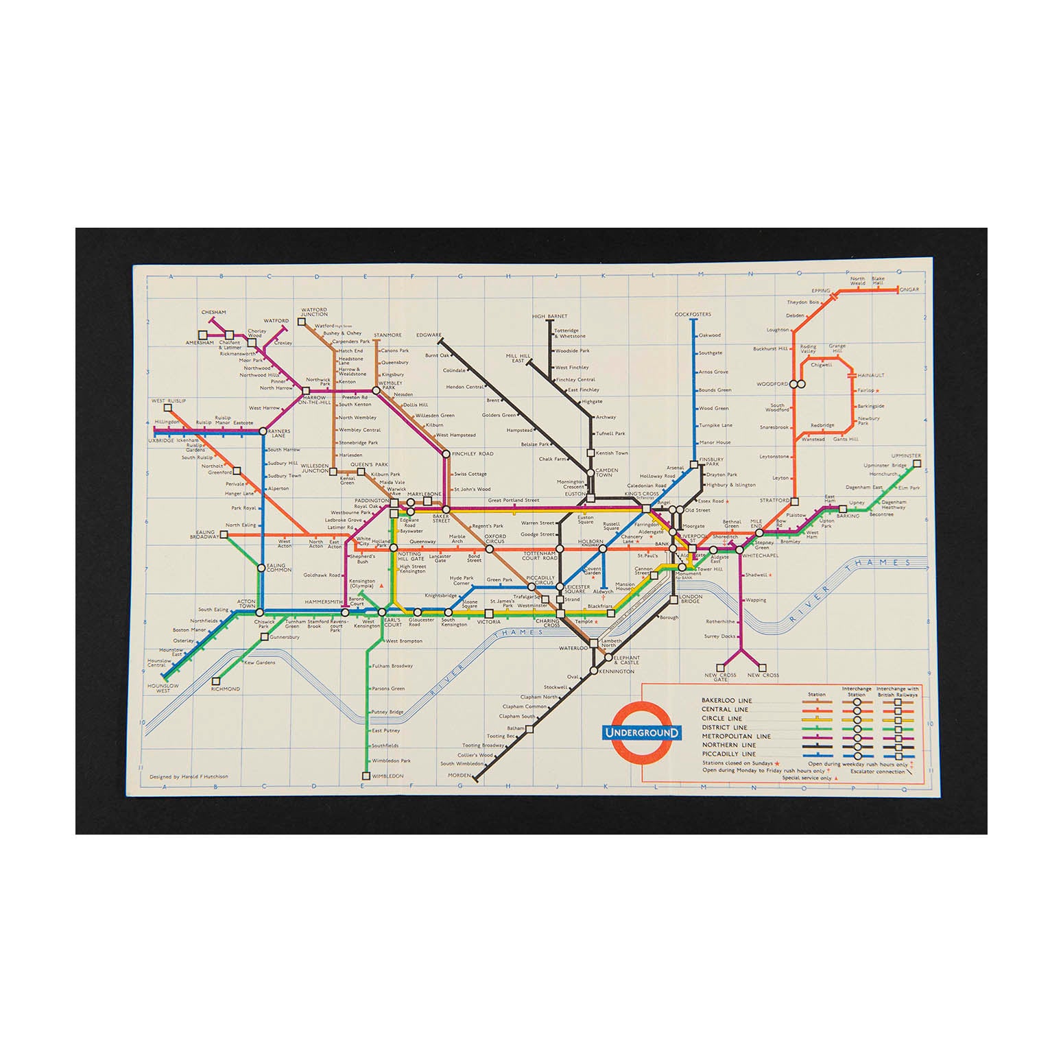 Original London Transport folding Underground pocket map, printed on thin card, 1963.

Version of the iconic Tube map designed by Harold F Hutchinson. Reverse printed with Index of Stations.