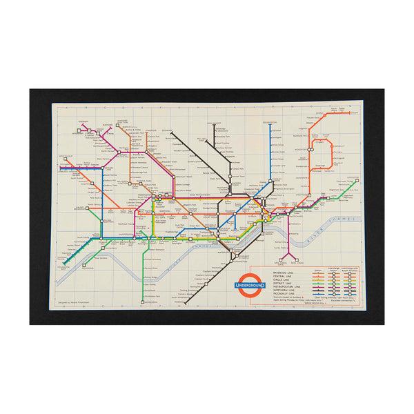 Original London Transport folding Underground pocket map, printed on thin card, 1963.

Version of the iconic Tube map designed by Harold F Hutchinson. Reverse printed with Index of Stations.