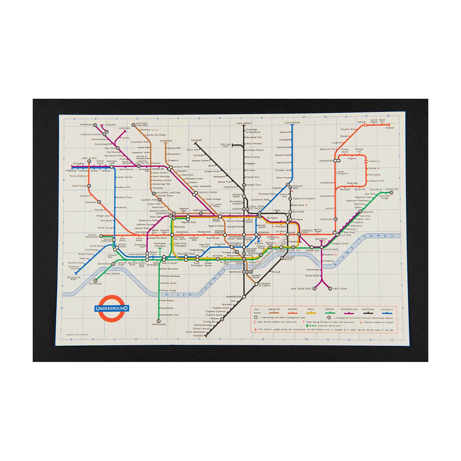 Original London Transport folding Underground pocket map, printed on thin card, 1965.
