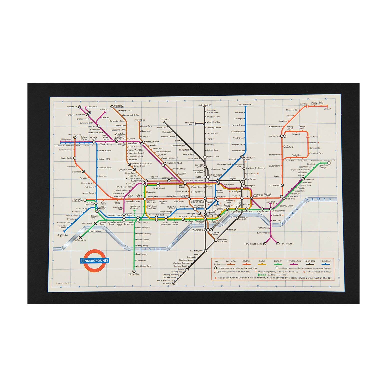 Original London Transport folding Underground pocket map, printed on thin card, 1967.

Version of the iconic Tube map designed by Paul Garbutt. Reverse printed with Index of Stations
