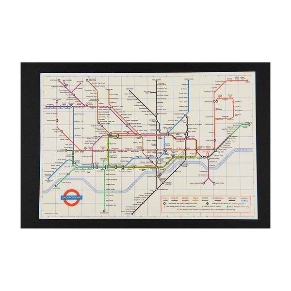 Original London Transport folding Underground pocket map, printed on thin card, 1968 No. 1.

Version of the iconic Tube map designed by Paul Garbutt. Reverse printed with Index of Stations.