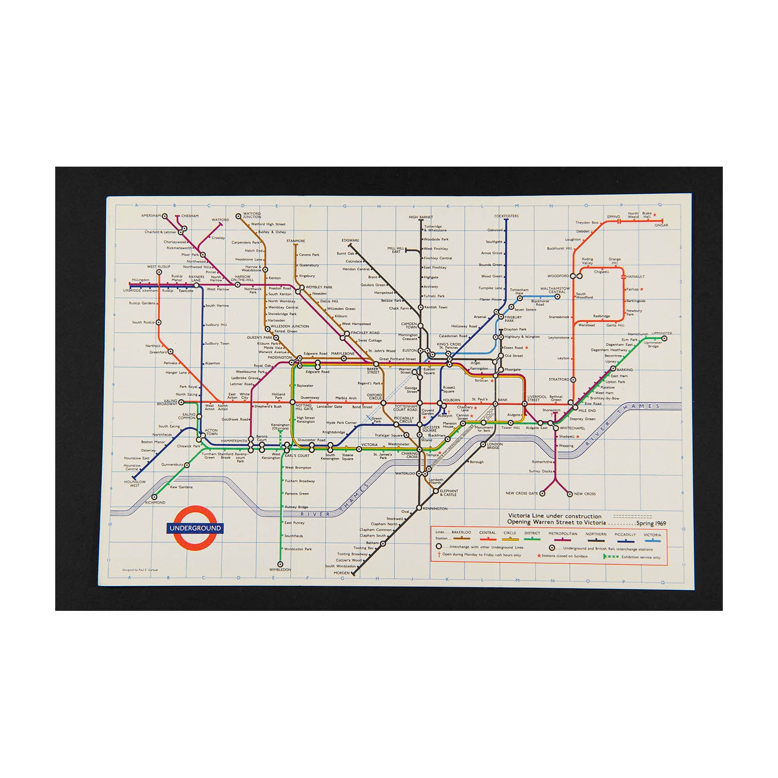 Original London Transport folding Underground pocket map, printed on thin card, 1968 No. 3.

Version of the iconic Tube map designed by Paul Garbutt. Reverse printed with Index of Stations