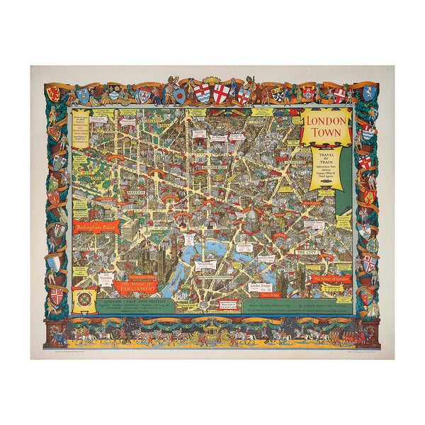 Original pictorial poster map of central London designed by Kerry Lee. produced for the 1953 Coronation and is full of period detail, prominent landmarks and humorous scenes. It also includes an illustration of the artist at work (accompanied by his dog, Jim) towards the bottom right corner of the map.