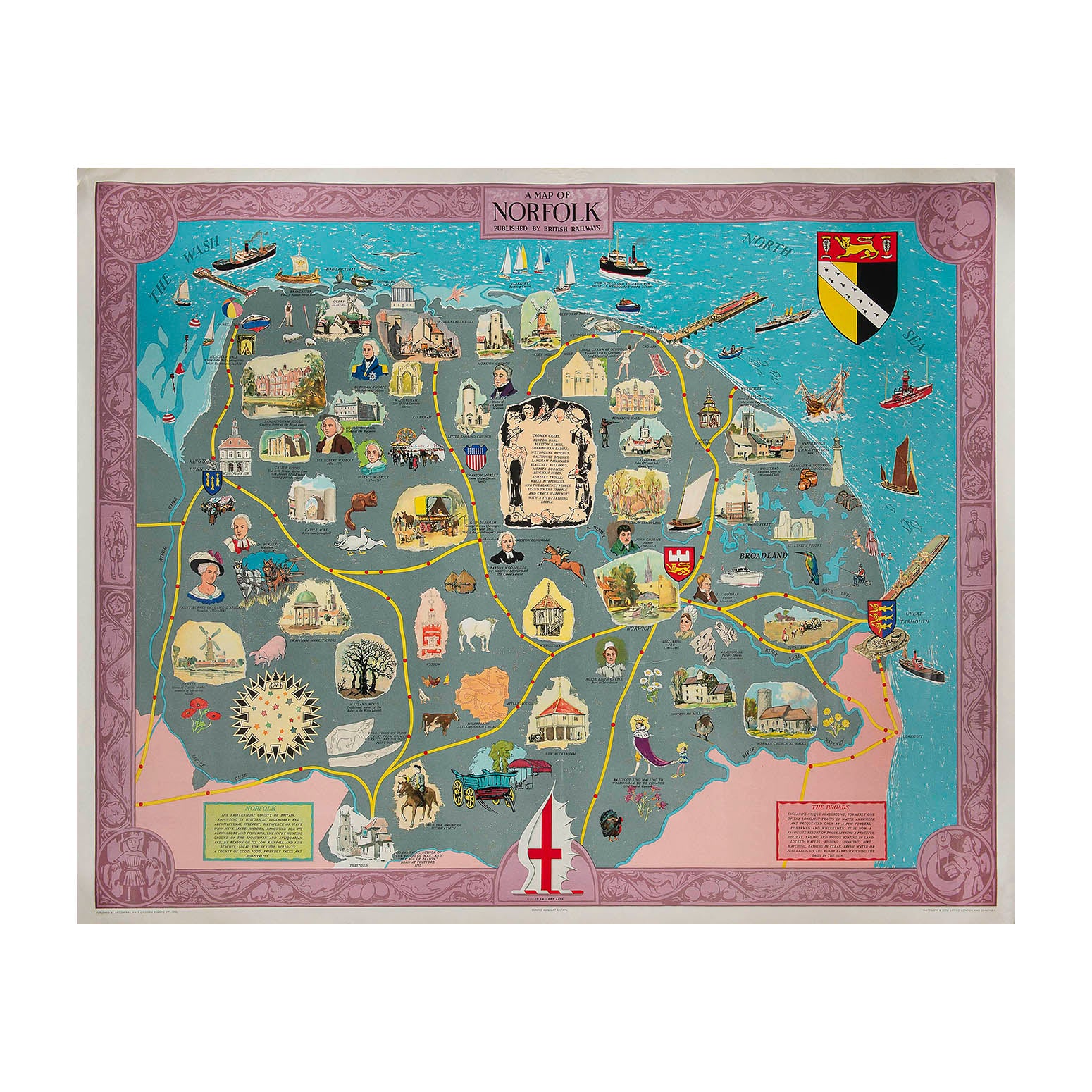 Original illustrated poster map of Norfolk, published by British Railways (Eastern Region) in about 1950. The design features a wealth of charming vignettes to encourage the holidaymaker to visit the county’s many attractions and historic towns, including Great Yarmouth, King’s Lynn, Norwich and Thetford