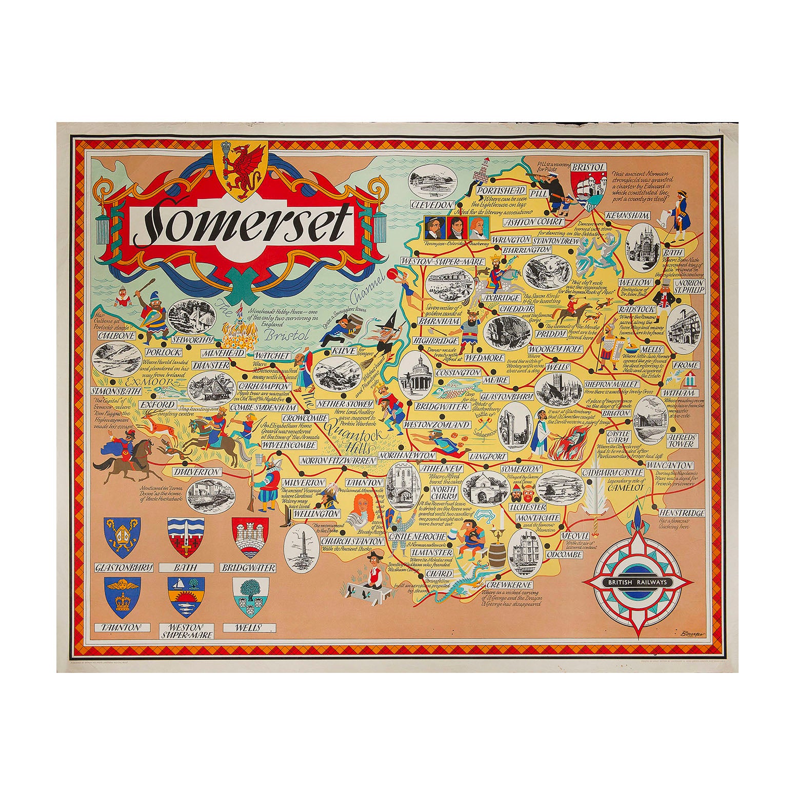 Superb original British Railways (Western Region) poster map for Somerset, full of period detail and charm. The design, by Bowyer, combines beautifully drawn vignettes of places of interest with cartoon illustrations of the county’s history