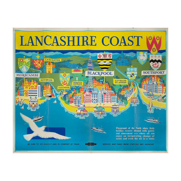 Original British Railways (London Midland Region) poster map, Lancashire Coast, 1957.