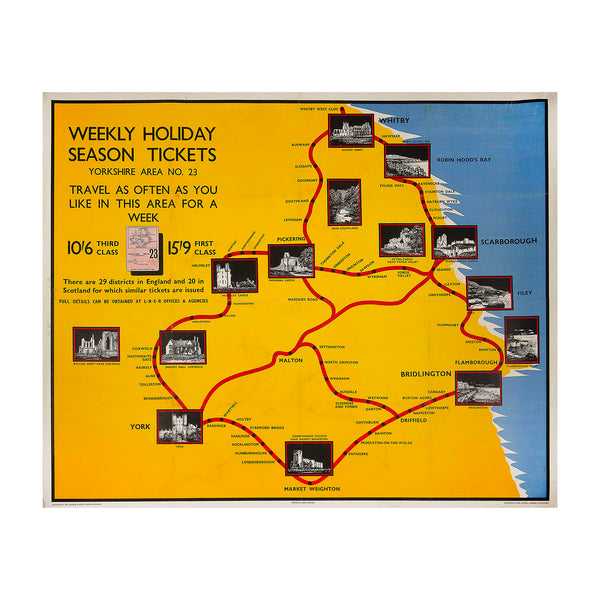 Original and rare semi-pictorial poster map of west Yorkshire, Weekly Holiday Season Tickets, published by the London & North Eastern Railway in about 1935.