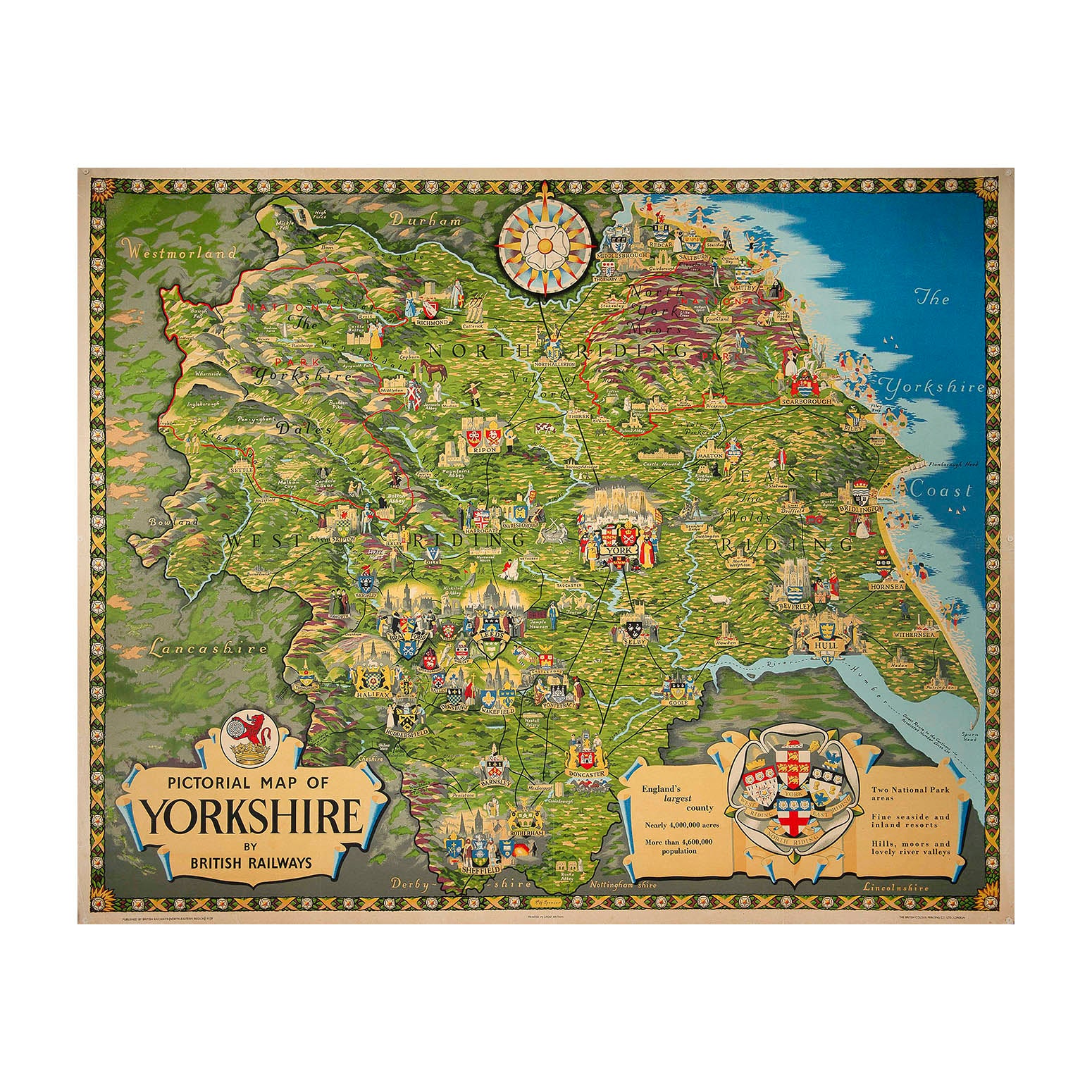 Original pictorial poster map of Yorkshire designed by EH Spencer for British Railways (North Eastern Region) in 1959. This charming poster includes the principal towns and cities, together with historical and contemporary vignettes, contained within a decorative border featuring the White Rose of the House of York (the county emblem).