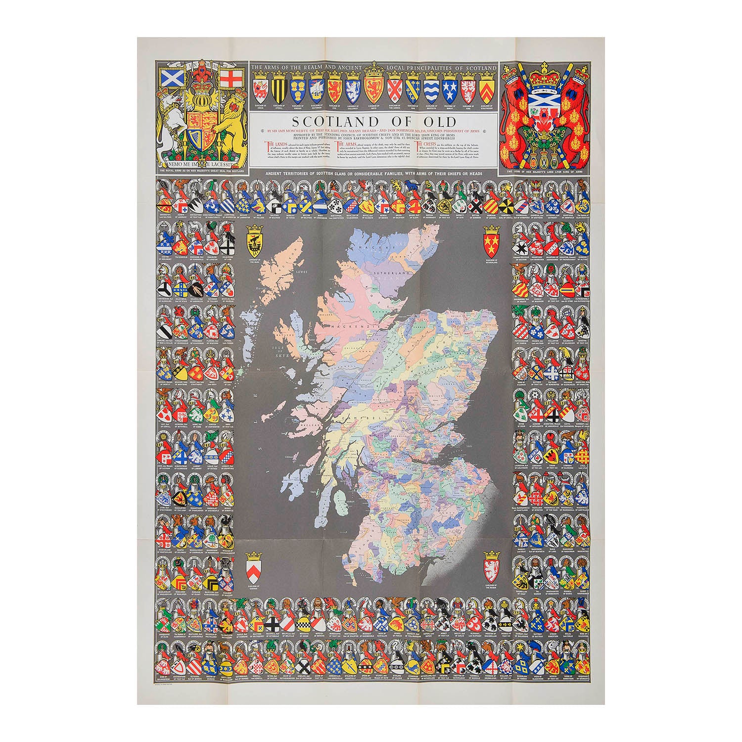 Bartholomew's Map of Scotland of Old by Sir Iain Moncreiffe&nbsp; (Albany Herald) and Don Pottinger (Unicorn Pursuivant of Arms), c. 1960. This is the de luxe 'cloth folded' version (ie mounted on linen) which originally sold for seven shillings and six pence.

The map shows Scotland divided into Clan 'spheres of influence' at 'about the time of King James IV', surrounded by the Arms and Crests of famous Scottish families and towns