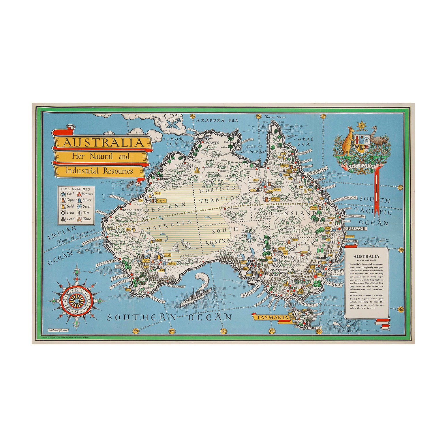 Original, and rare, Second World War pictorial poster map, Australia. Her Natural and Industrial Resources, published by the British Ministry of Information in 1942 and designed by Leslie MacDonald Gill.