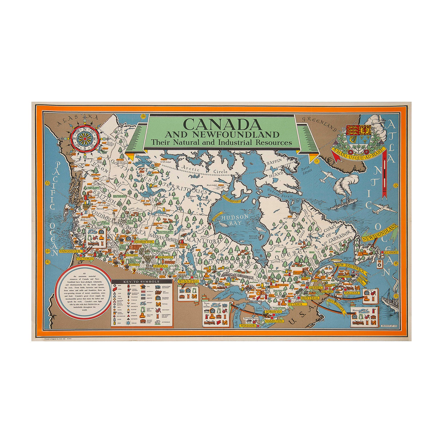 Original, and rare, Second World War pictorial poster map, Canada and Newfoundland. Their Natural and Industrial Resources, published by the British Ministry of Information in 1942 and designed by Leslie MacDonald Gill.