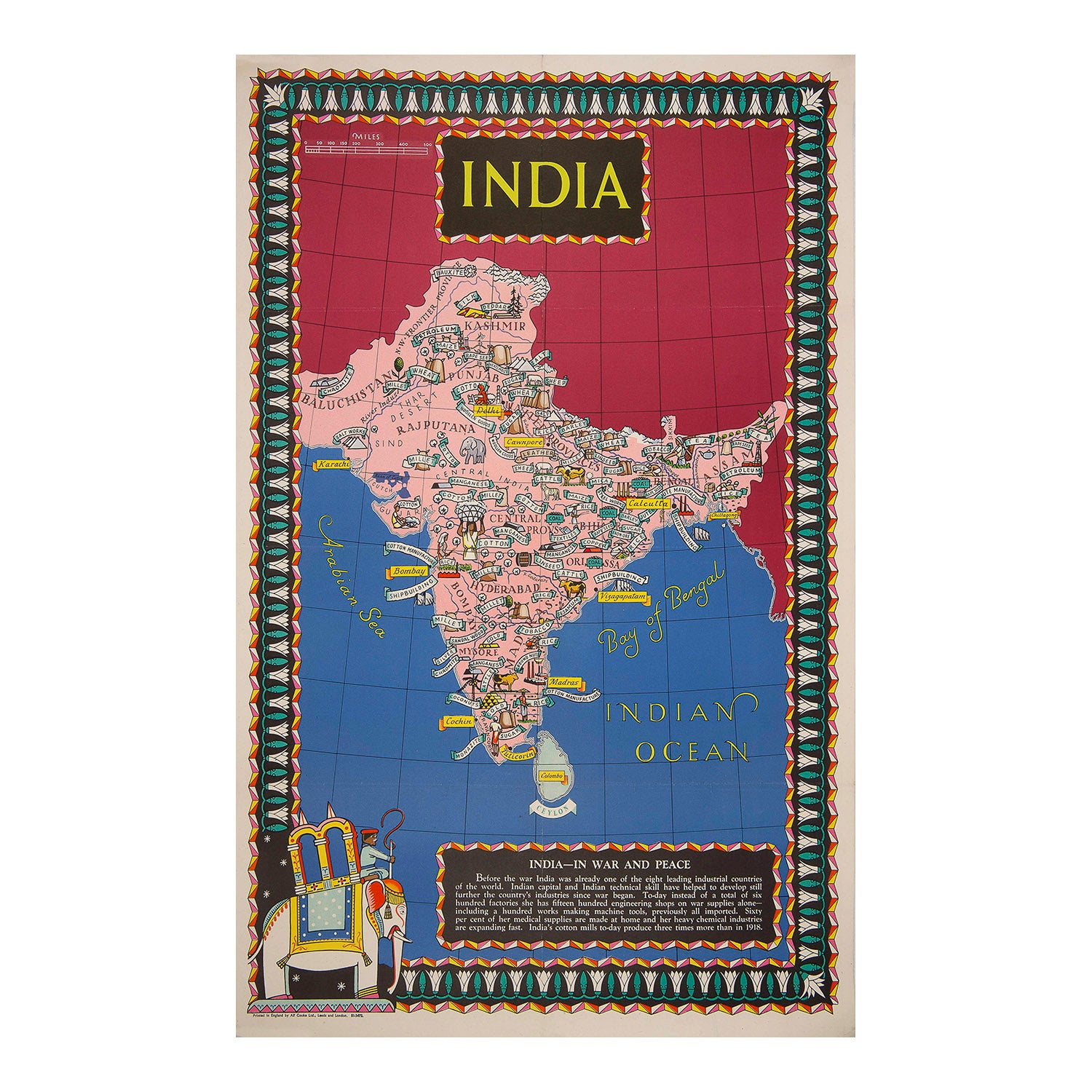 Original Second World War pictorial poster map, India In War And Peace, published by the British Ministry of Information in about 1942.