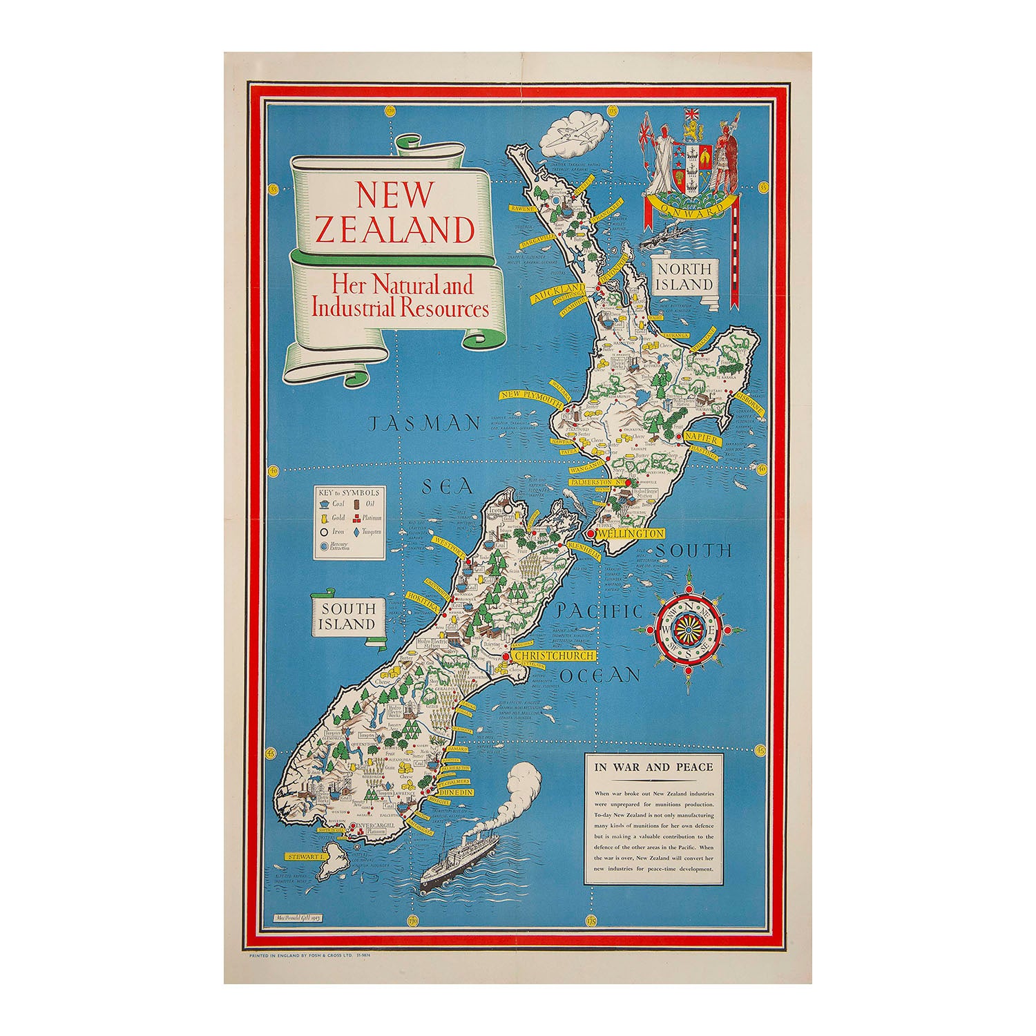 Original, and rare, Second World War pictorial poster map, New Zealand. Her Natural and Industrial Resources, published by the British Ministry of Information in 1943 and designed by Leslie MacDonald Gill