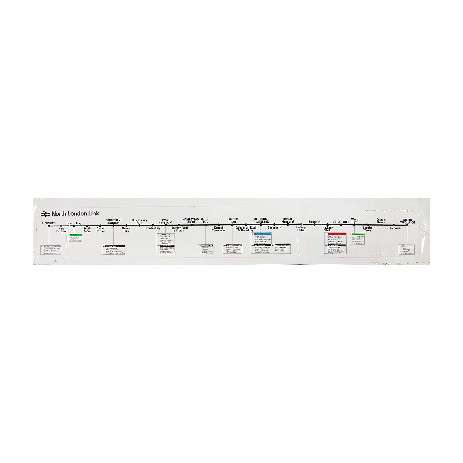 An original unused adhesive British Rail carriage diagrammatic map, for the North London Link line (now part of London Overground), 1984