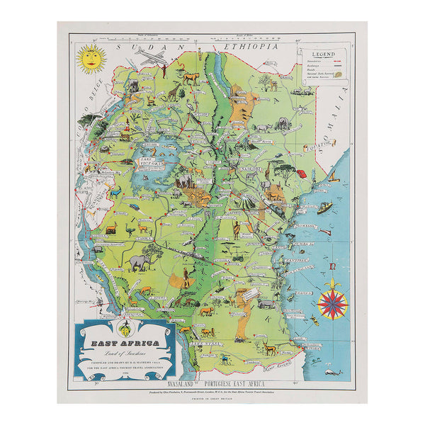 An original pictorial map of East Africa. Land of Sunshine, including modern Kenya, Tanzania, Uganda, Burundi and Rwanda. Designed by D.O. Matthews and published by the East Africa Tourist Travel Association