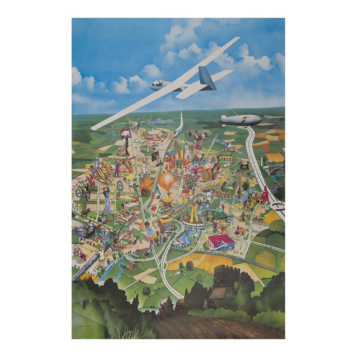 poster, Leisure in Milton Keynes by Philip Castle, Milton Keynes Development Corporation, 1971. Two-sided poster showing the proposed leisure facilities for the then unbuilt town