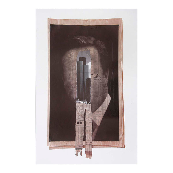 kennardphillipps Study for a Head 7, 2016. Prime Minister David Cameron imposed on a page of the Financial Times with two strips torn from the eyeless face to reveal the office blocks of banking institutions