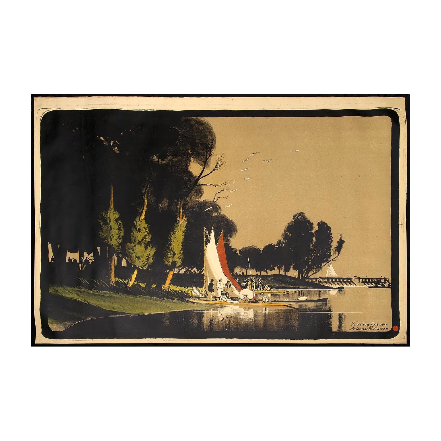 London Underground lithograph of the River Thames at Teddington, by the British painter, engraver and lithographer Anthony Raine Barker (1880-1963), 1914. The stunning design depicts a group of smartly dressed day-trippers enjoying a picnic next to their boat, with a Union Jack or Royal Thames Yacht Club ensign flying at the top of the mast. More boats and punts can be seen in the background, together with the Teddington weir.