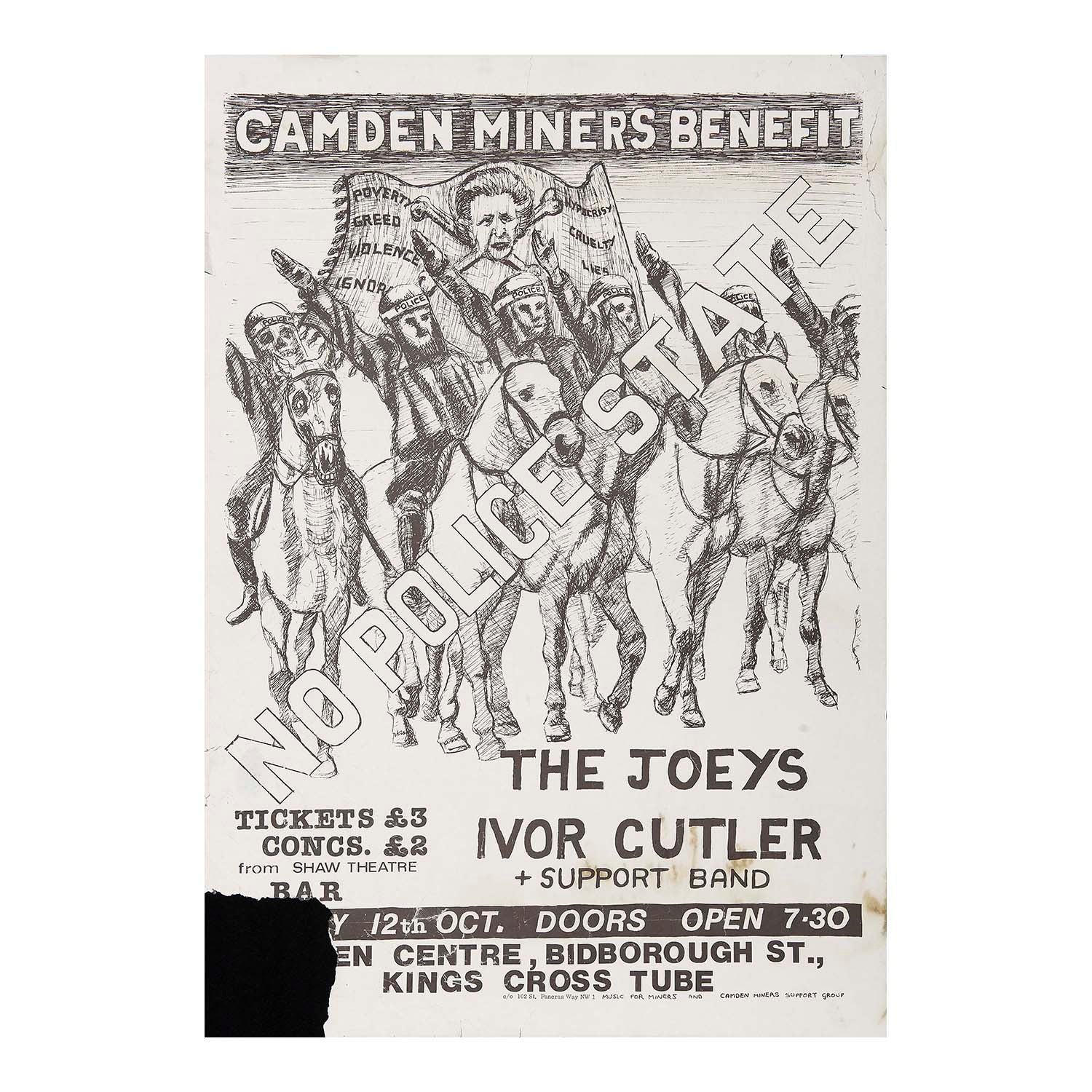 Camden Miners Benefit gig poster, 1984. Depicts riot-gear wearing mounted police giving the Nazi salute beneath a flag of Prime Minister Margaret Thatcher in piratical mode, under the slogan No Police State