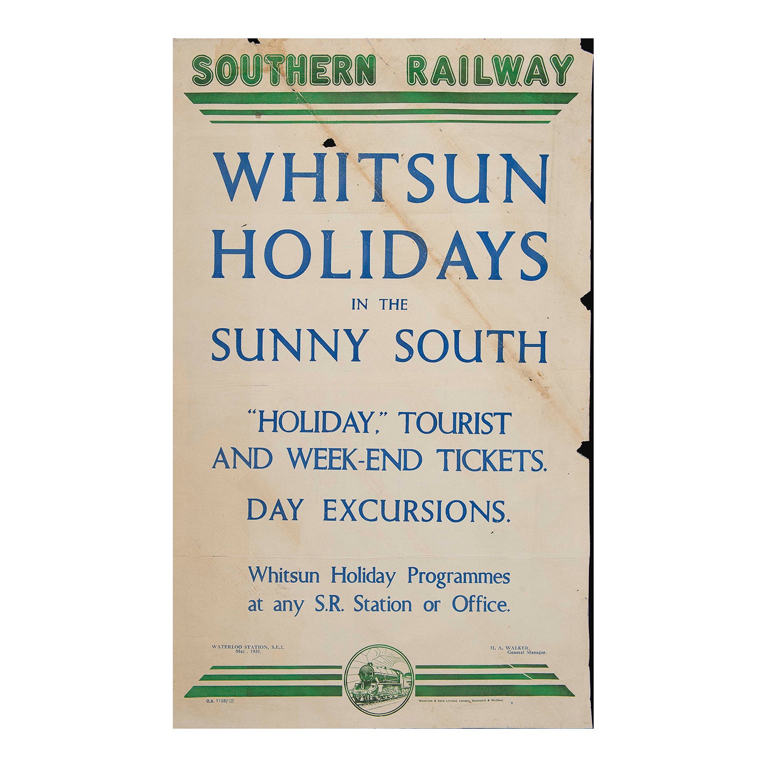 Southern Railway letter press poster notice, Whitsun Holidays in the Sunny South, 1931. 