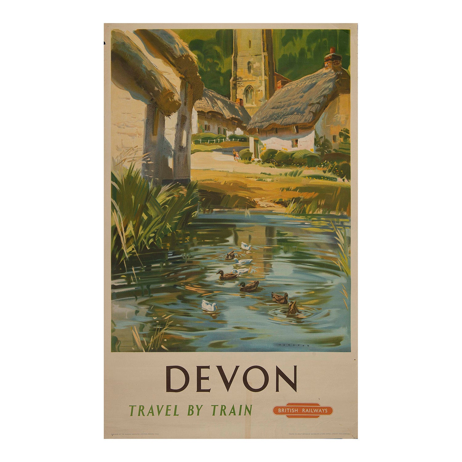 railway poster, Devon, Travel by Train, painted by Frank Wootton and published by the Railway Executive (Western Region) in about 1950. The charming image depicts a Devon village of thatched cottages and a medieval church, with a duck pond in the foreground.