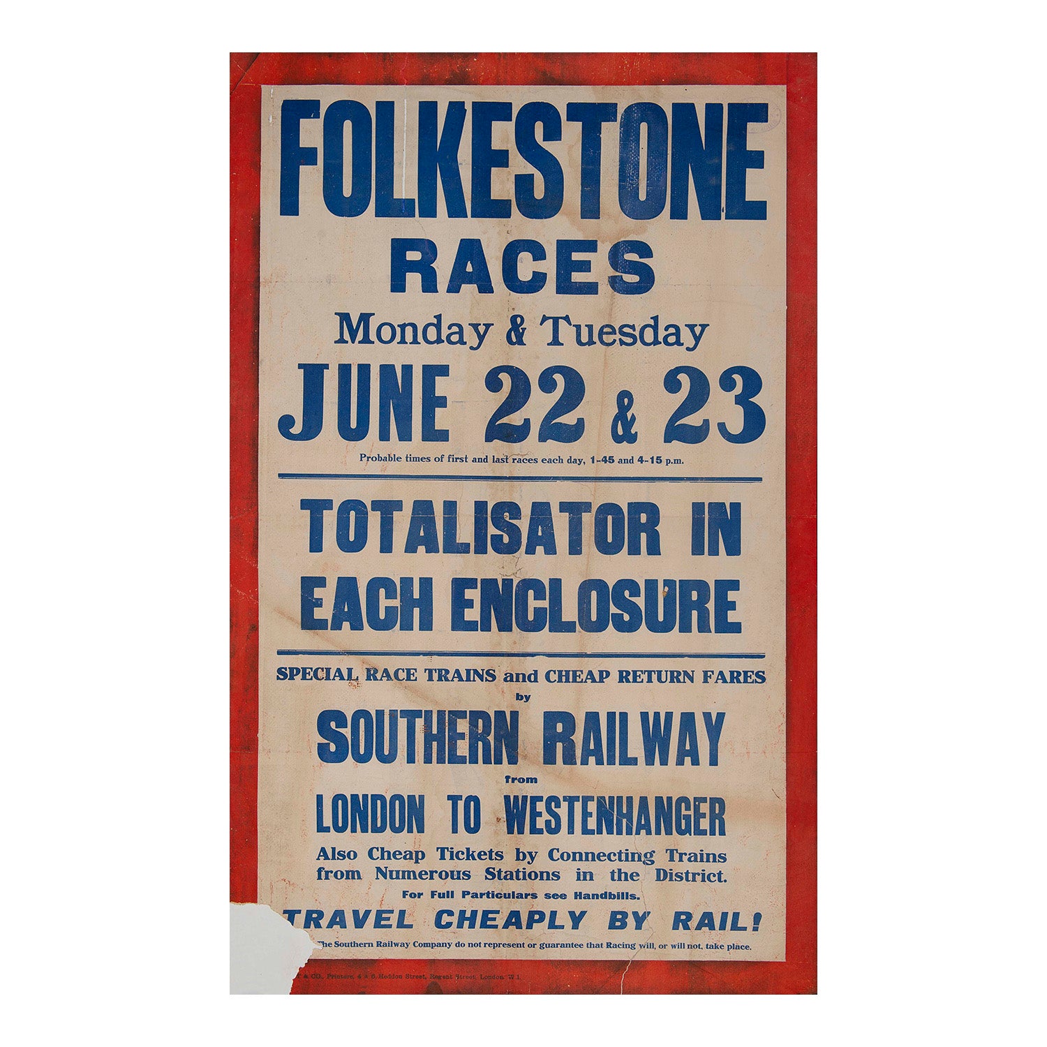 original Southern Railway letter press poster notice, Folkestone Races, 20-21 June. Special Race Trains and Cheap Return Fares by Southern Railway from London to Westernhanger, c.1931.