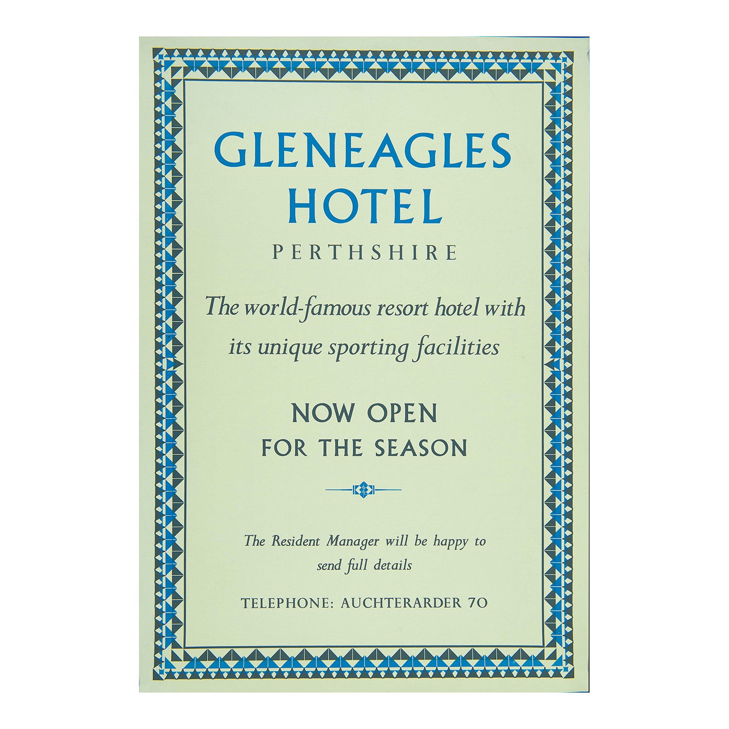  poster for the famous Gleneagles Hotel and golf resort, near Auchterarder, Scotland, c.1960-65. The poster, with decorative border designed in-house at the Curwen Press, promotes “The world-famous resort hotel with its unique sporting facilities”. 