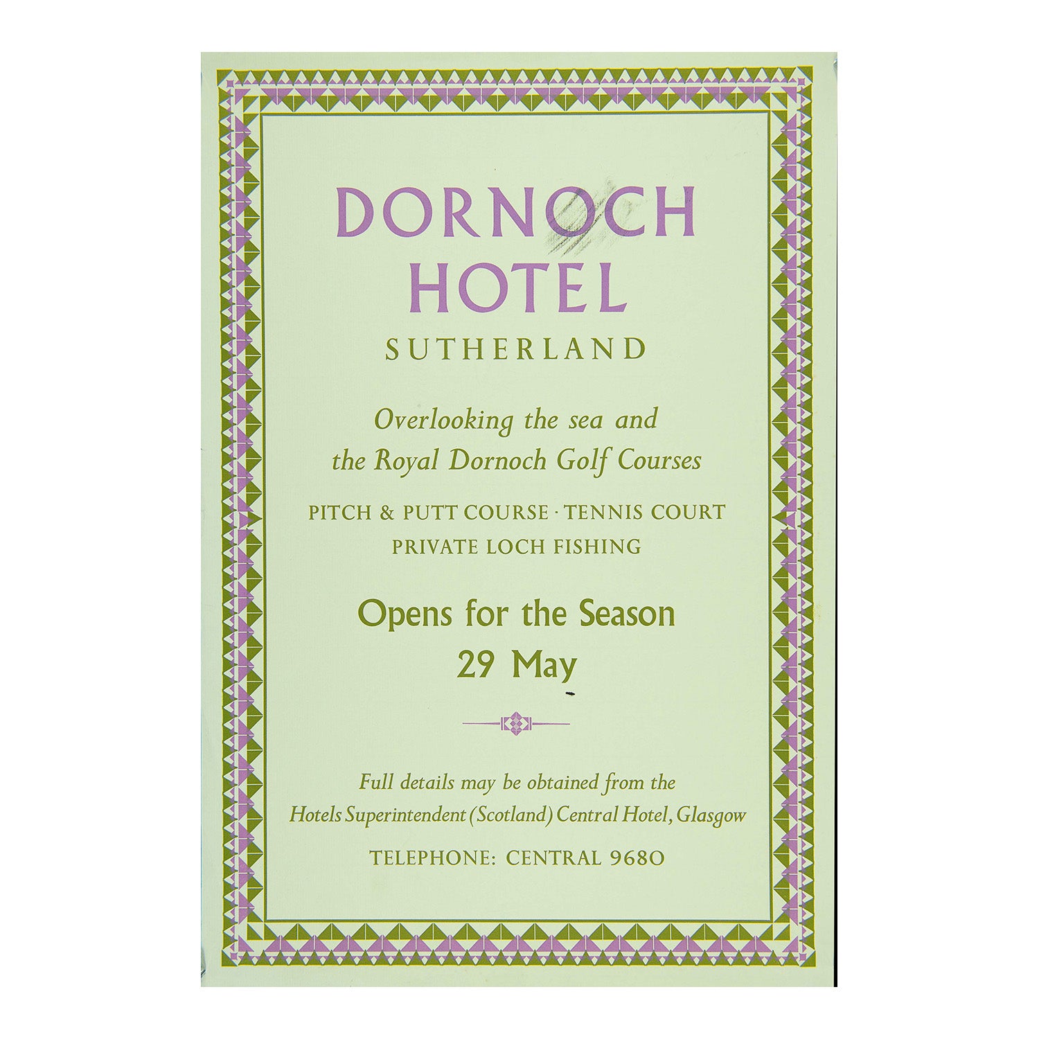 poster for the famous Dornoch Hotel, Sutherland, c. 1962. The poster, with decorative border designed in-house at the Curwen Press, promotes the start of the new golfing season and the hotel “Overlooking the sea and the Royal Dornoch Golf Courses”