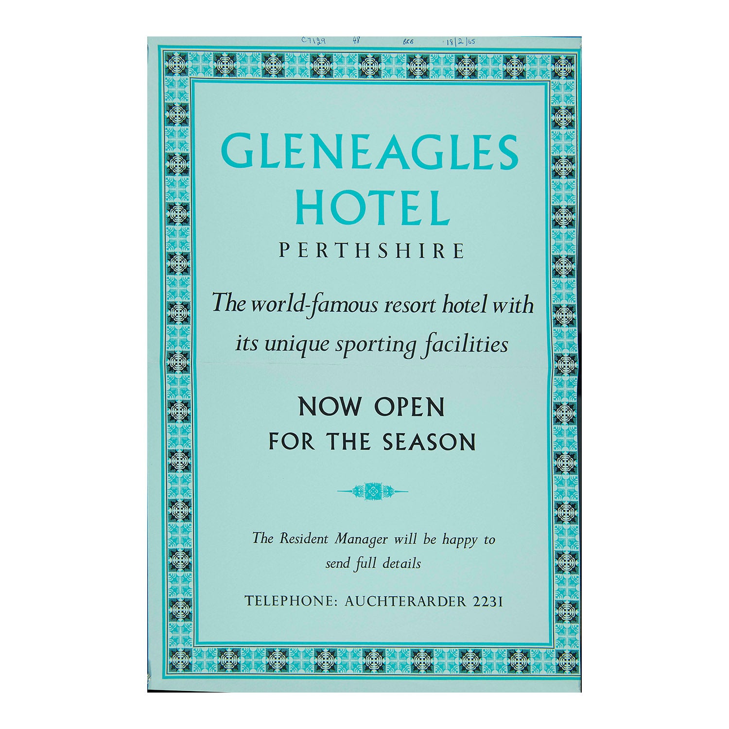 poster for the famous Gleneagles Hotel and golf resort, near Auchterarder, Scotland, 1965. The poster, with decorative border designed in-house at the Curwen Press, promotes “The world-famous resort hotel with its unique sporting facilities”