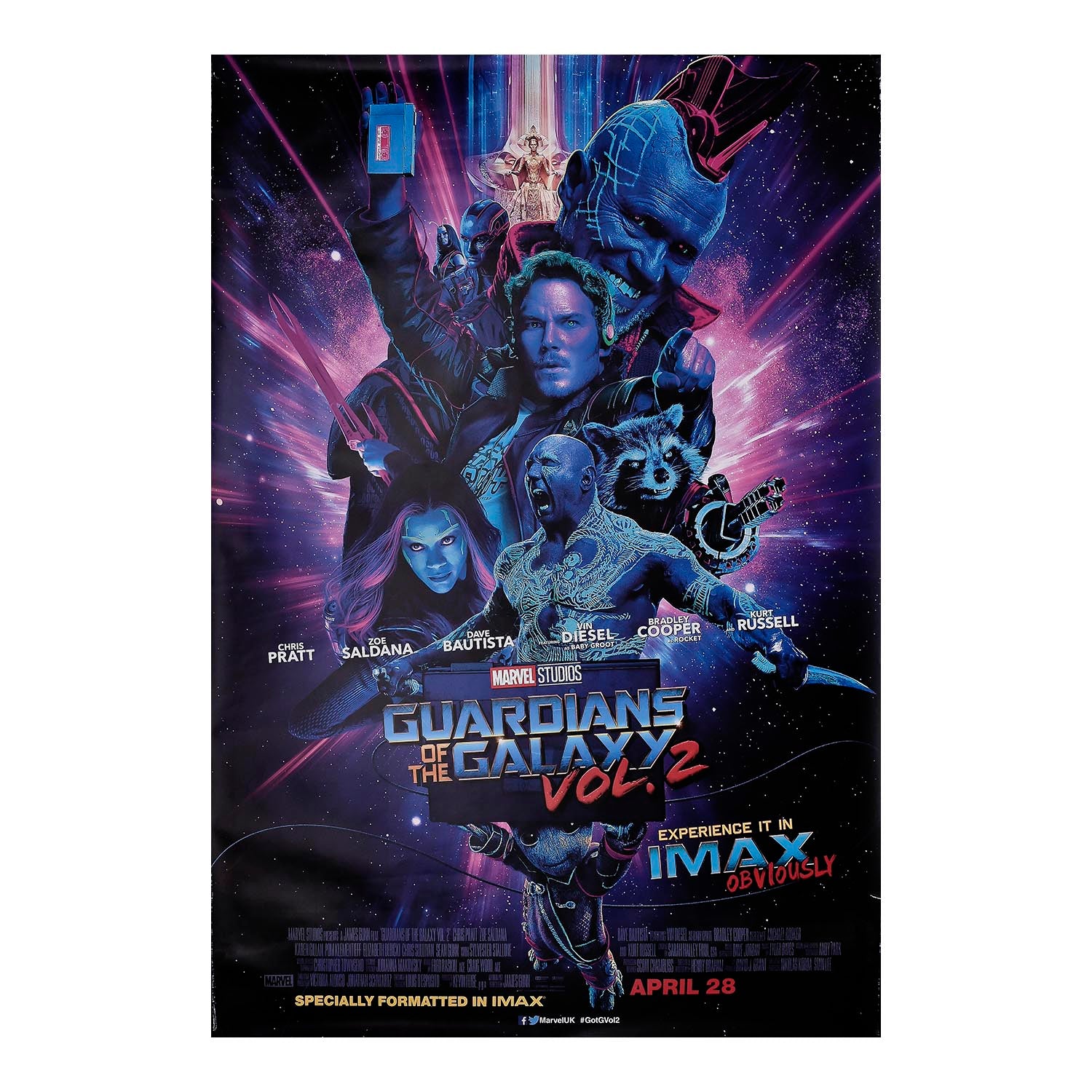 Original, large format, back-lit film poster for the release of Guardians of the Galaxy Vol. 2, IMAX, 2017. The poster was specially produced for display at IMAX cinemas and features exclusive artwork of the leading cast members