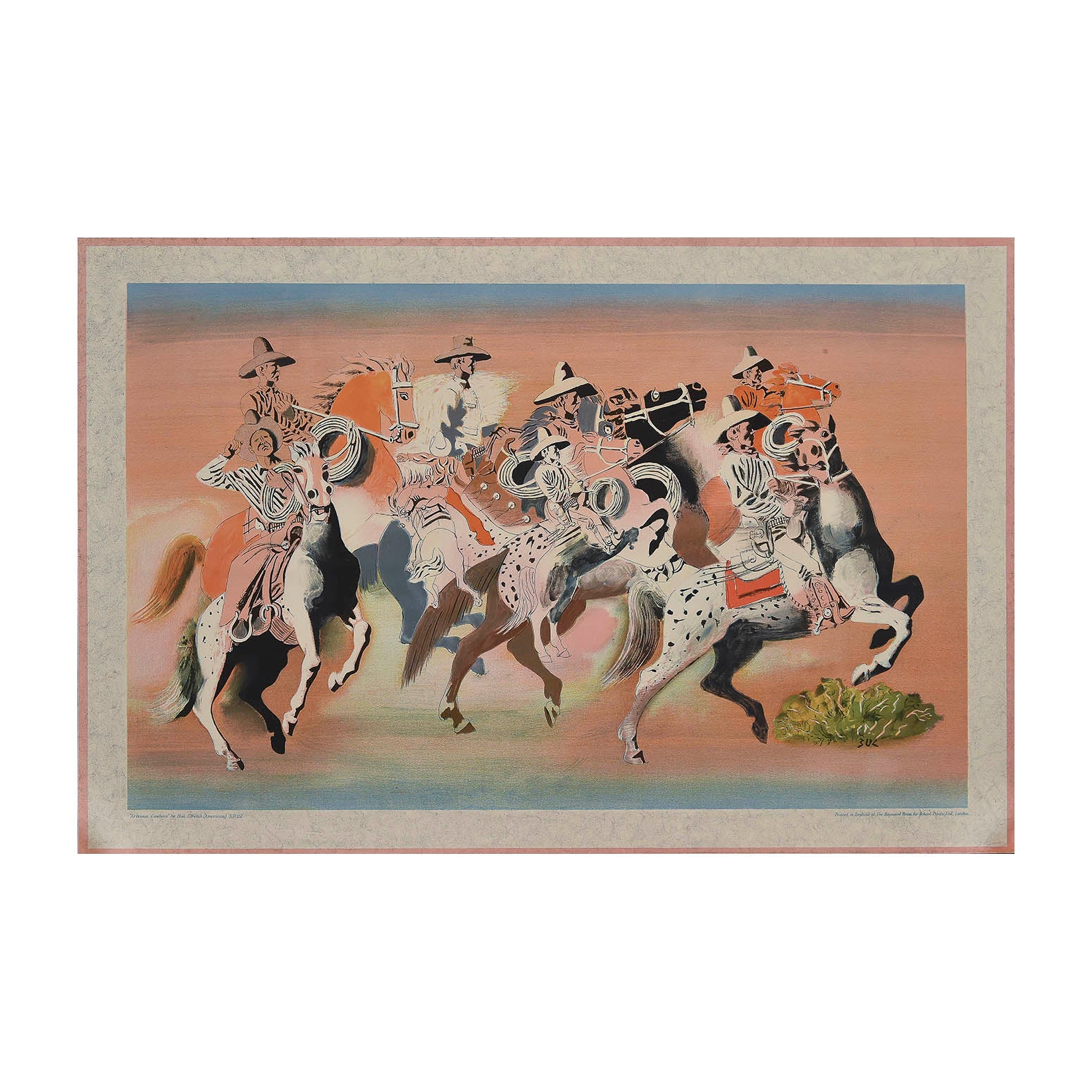 Original ‘School Print’, Arizona Cowboys, by Buk Ulreich, and published by School Prints Ltd, 1947. The image depicts eight cowboys on horses