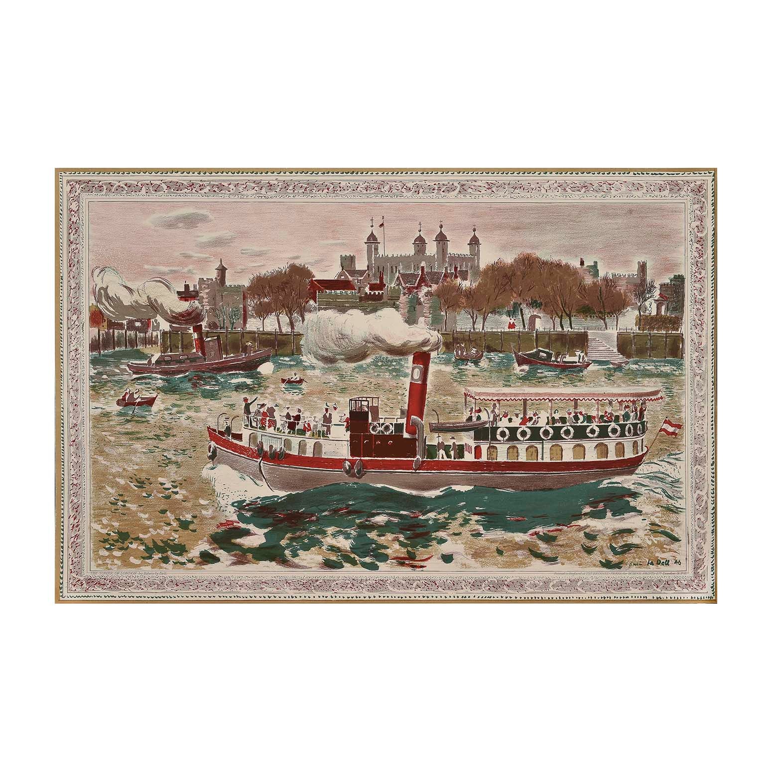 Original ‘School Print’, Tower of London, by Edwin La Dell, and published by School Prints Ltd, 1946. The image depicts a passenger steamboat on the River Thames with the Tower of London in the background.