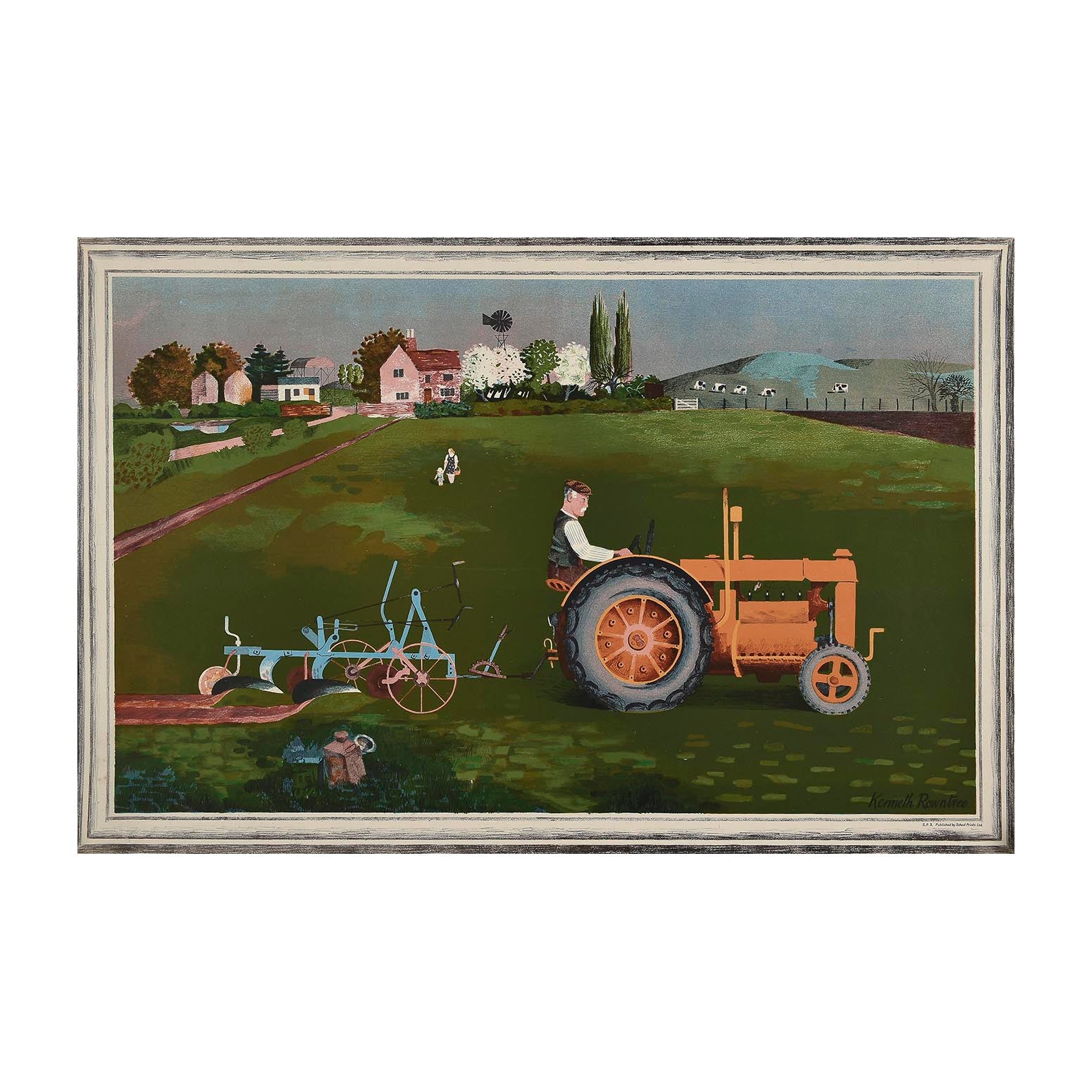 Original ‘School Print’, Tractor in Landscape, by Kenneth Rowntree, and published by School Prints Ltd, 1945. The design depicts a farmer ploughing a field with a brightly painted Fordson tractor.