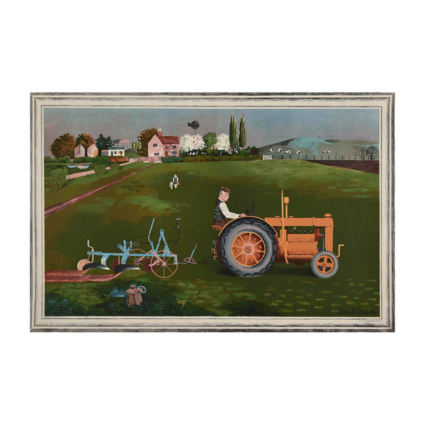 Original ‘School Print’, Tractor in Landscape, by Kenneth Rowntree, and published by School Prints Ltd, 1945. The design depicts a farmer ploughing a field with a brightly painted Fordson tractor.