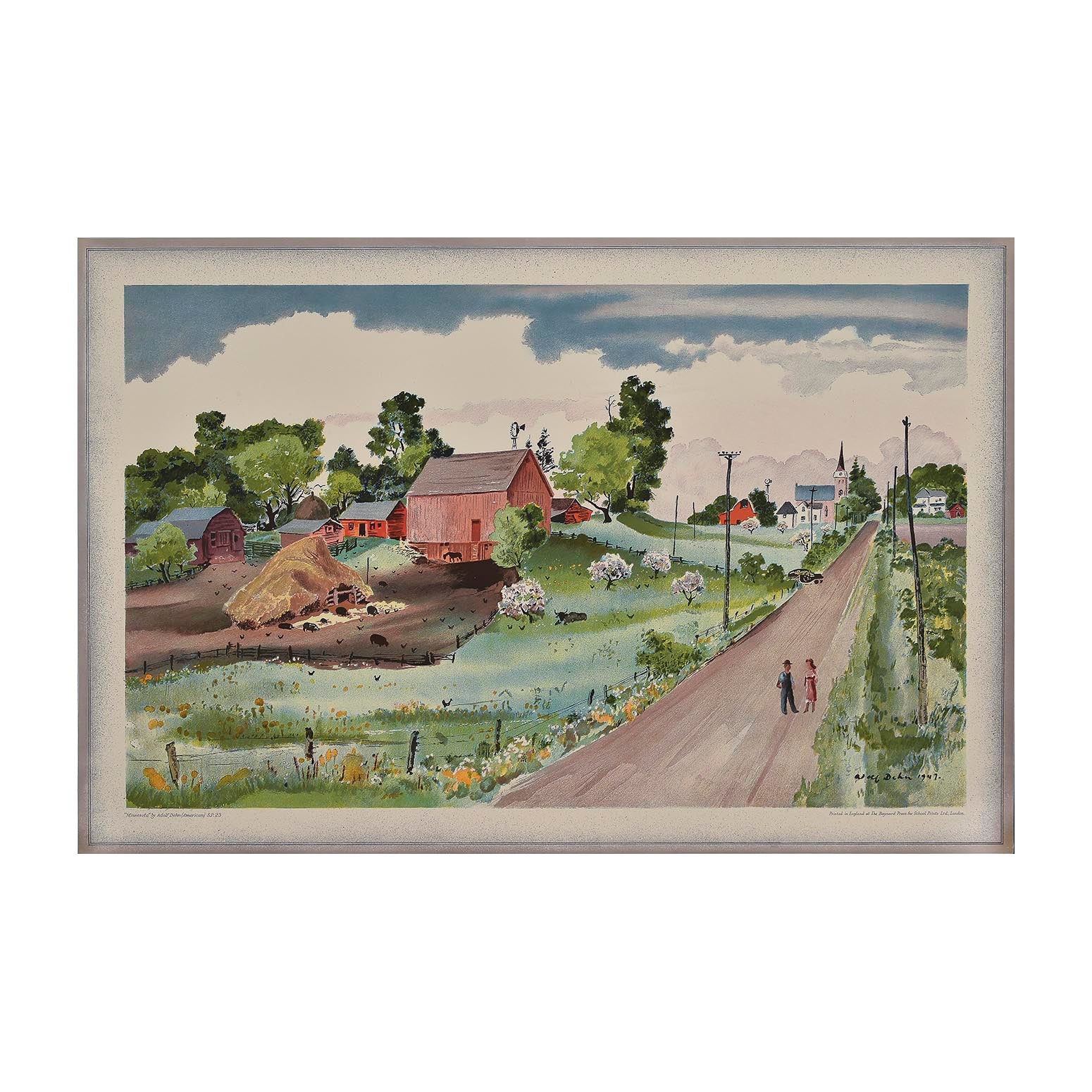 Original ‘School Print’, Minnesota, by Adolf Dehn, and published by School Prints Ltd, 1947. The image depicts a country scene in Minnesota, USA, with a long straight road leading to a church and village houses.