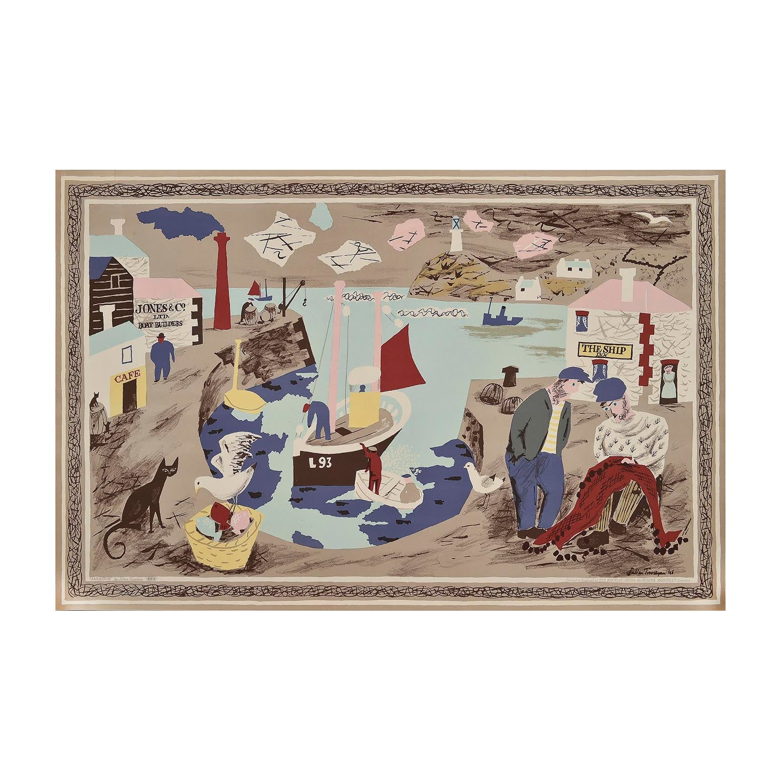  ‘School Print’, Habour, painted by Julian Trevelyan, and published by School Prints Ltd, 1946. The image depicts a harbour scene (possibly Cornwall ?), with various buildings including The Ship Inn and Jones & Co Boat Builders. 