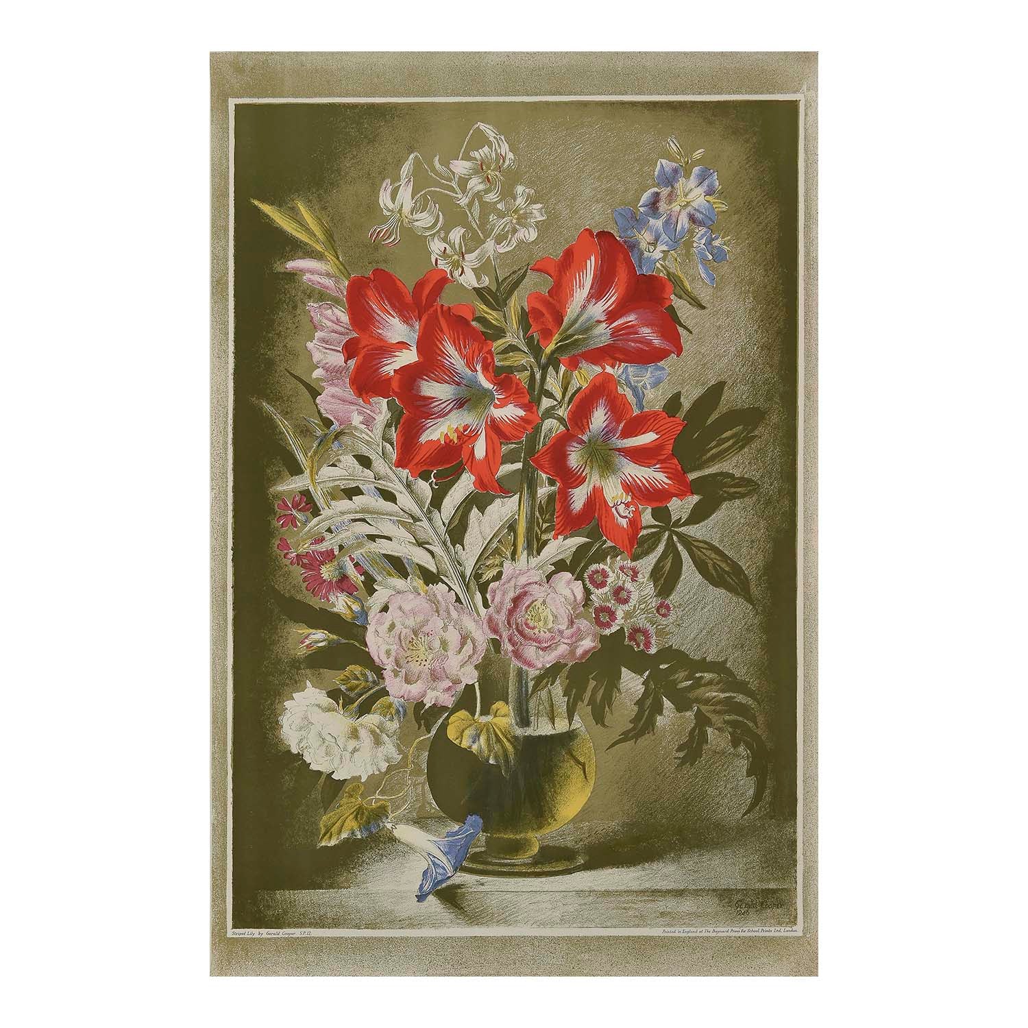 Original ‘School Print’, Striped Lily, painted by Gerald Cooper, and published by School Prints Ltd, 1946. The image depicts a glass vase with flowers, including lilies, gladioli, peonies, pinks and morning glory