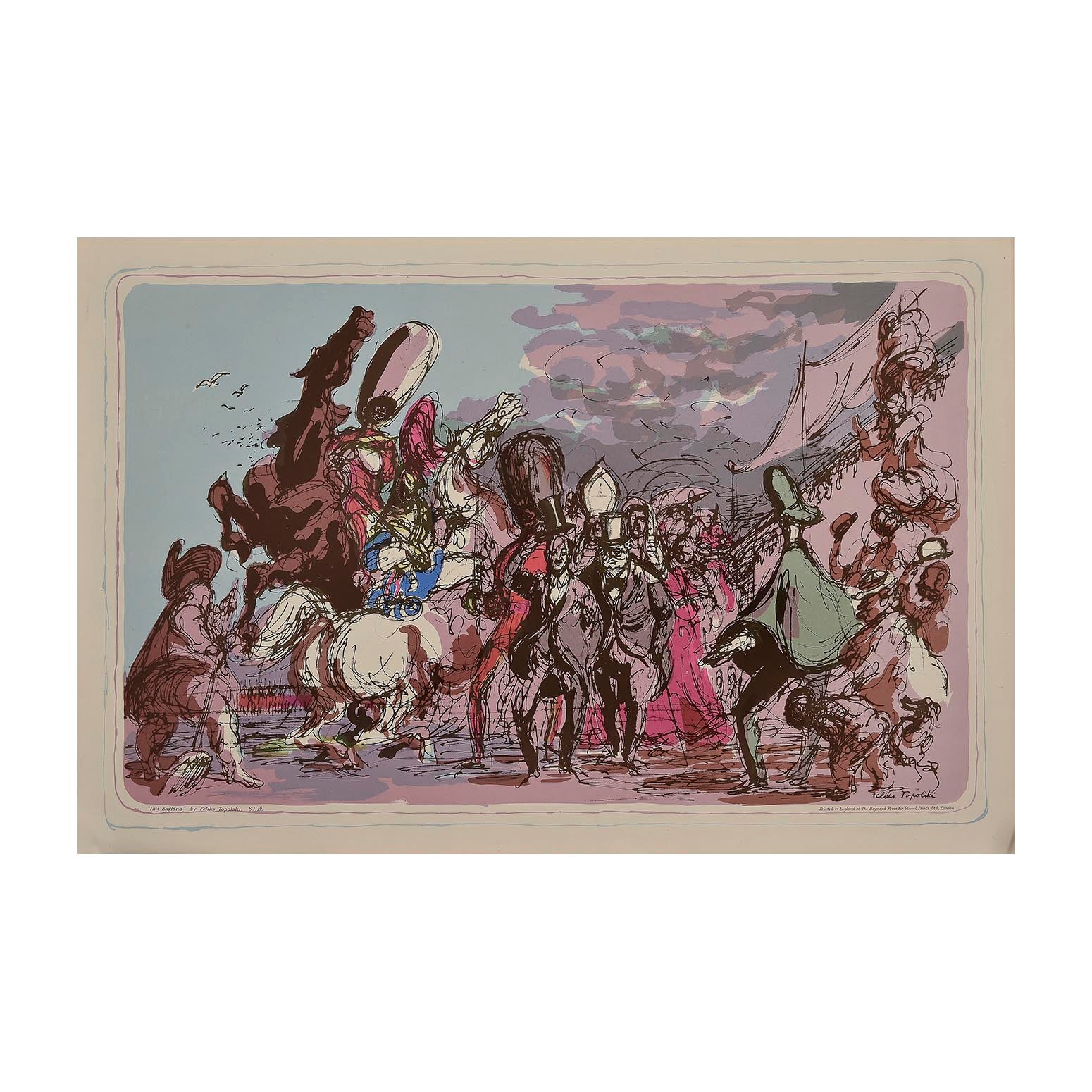 Original ‘School Print’, This England, painted by Feliks Topolski and published by School Prints Ltd, 1947. The design depicts a ceremonial procession, headed by Prime Minister Clement Atlee and his predecessor Winston Churchill, flanked by London ‘characters’, including guardsmen, a crossing sweeper and a policeman.