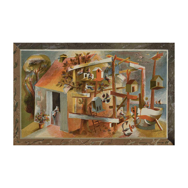 Original ‘School Print’, Fisherman's Hut, by Hans Tisdall, and published by School Prints Ltd, 1946. The image depicts a simple hut with a lean-to construction holding a number of bird boxes.