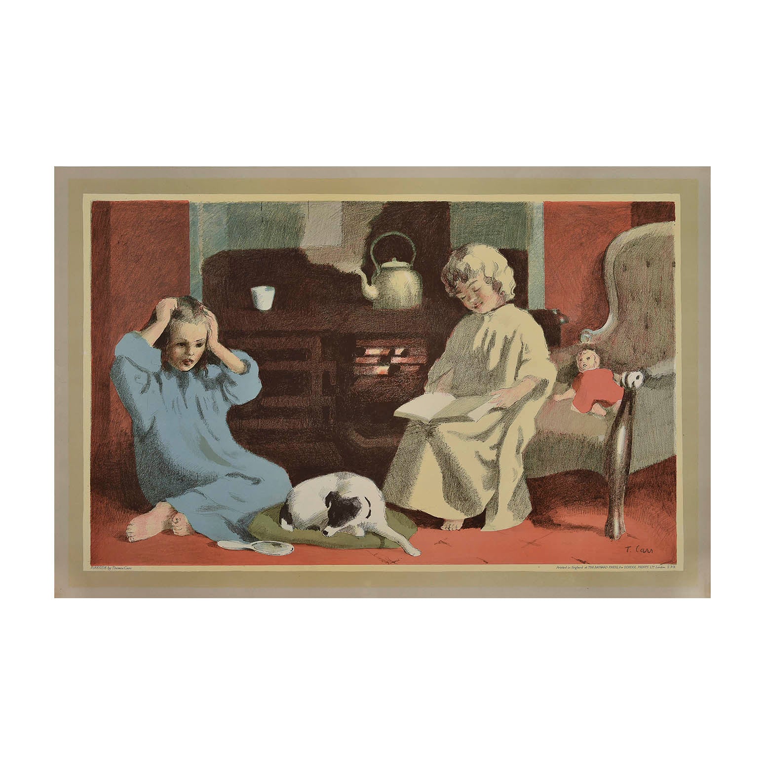 Original ‘School Print’, Fireside, by Thomas Carr, and published by School Prints Ltd, 1946. The design depicts two children and a sleeping dog sitting next to an open range stove
