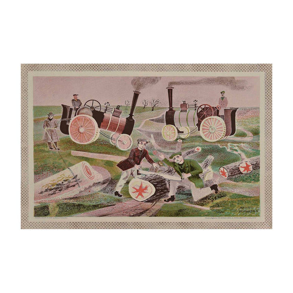 Original ‘School Print’, Timber Felling in Essex, by Michael Rothenstein, and published by School Prints Ltd, 1946. The image is said to depict a scene Rothenstein witnessed near his home in Great Barfield, Essex, and shows two men sawing a felled tree trunk with brightly painted steam engines in the background.