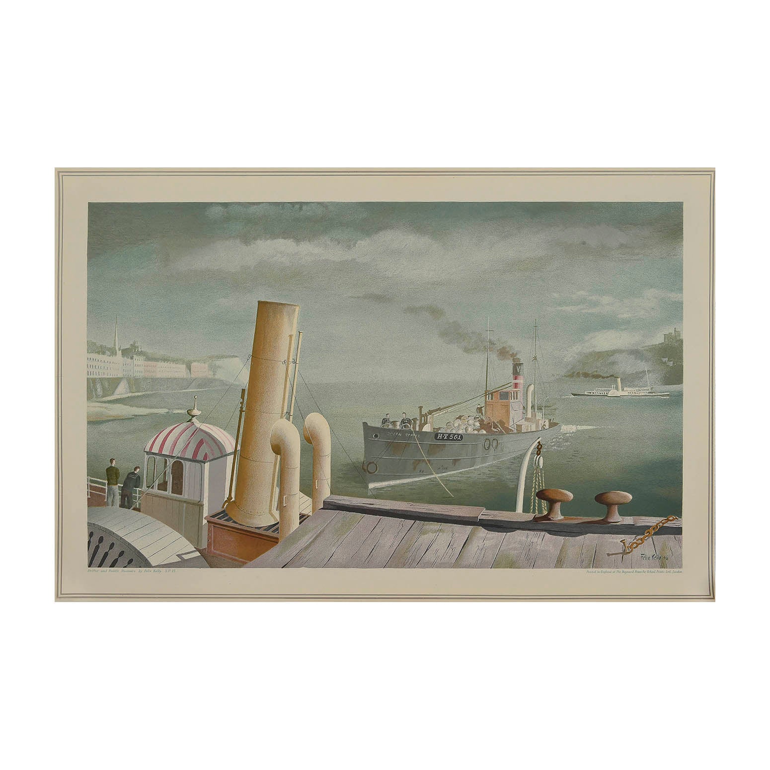 Original ‘School Print’, Drifter and Paddle Boats, painted by Felix Kelly, and published by School Prints Ltd, 1946. The image depicts a steam ship and two passenger steam paddle boats off the English coast