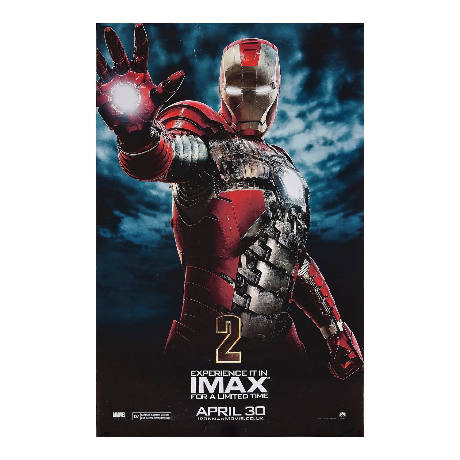 Original, large format, film poster for the release of Iron Man 2, IMAX, 2010. The poster was specially produced for display at IMAX cinemas and features exclusive artwork of Iron Man/Tony Stark (played by Robert Downey Jr.)