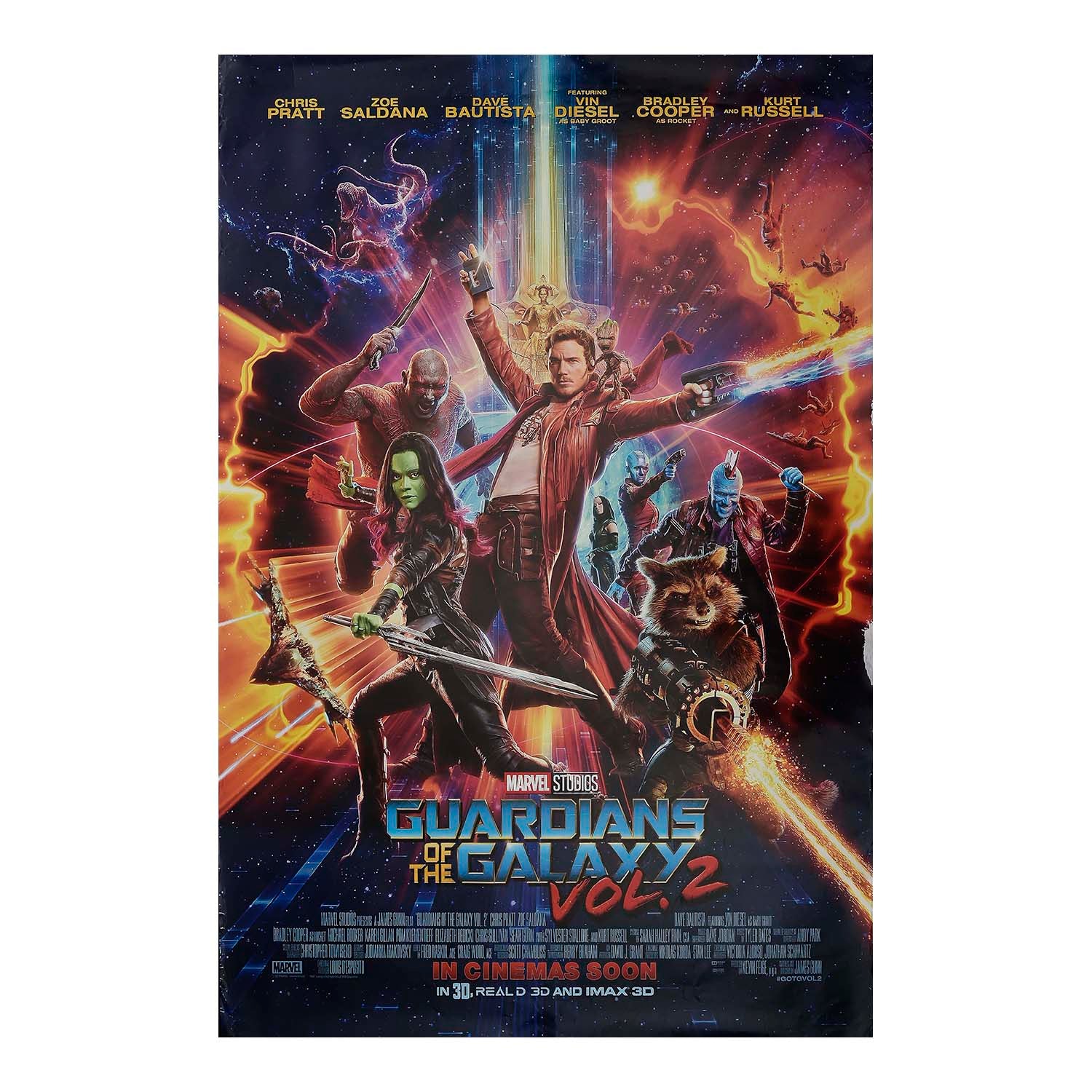 Original, large format, back-lit film poster for the release of Guardians of the Galaxy Vol. 2, IMAX, 2017. The poster was produced for display at IMAX cinemas and features artwork of the leading cast members