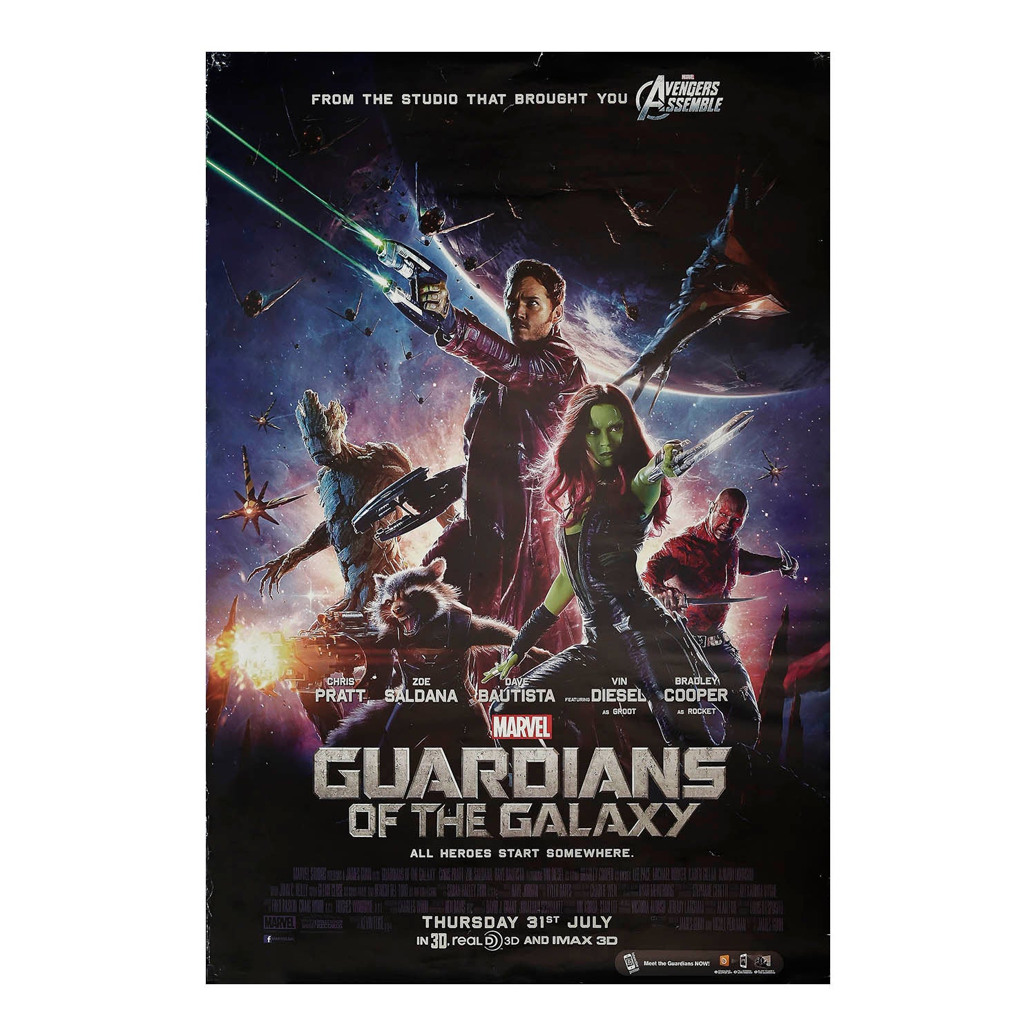 Original, large format, back-lit film poster for the release of Guardians of the Galaxy, IMAX, 2014. The poster was produced for display at IMAX cinemas and features artwork of the leading cast members