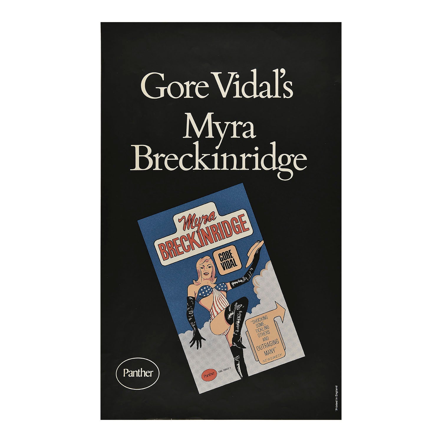 original, in-store promotional poster for Myra Breckinridge, a satirical novel by Gore Vidal, 1968.